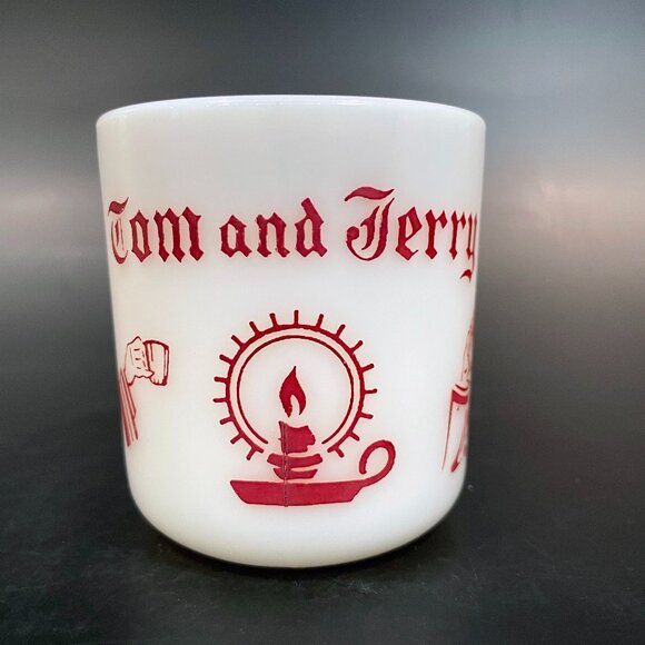 Tom & Jerry Auld Milk Glass Mug Hazel Atlas Christmas Red Graphics Candle - Picture 1 of 6